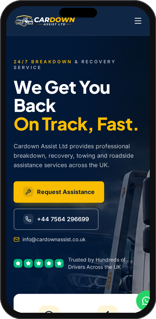 CarDownAssist — UK Roadside Recovery Platform — mobile mockup