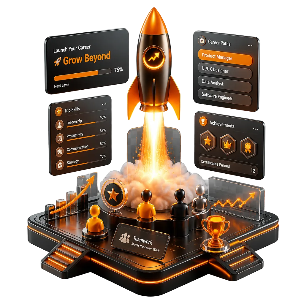 Launch your career at WebCuber — 3D rocket illustration